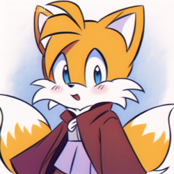 Size: 512x512 | Tagged: safe, ai art, artist:mobians.ai, miles "tails" prower, fox, abstract background, blushing, cute, dress, femboy, looking at viewer, male, mobius.social exclusive, mouth open, poncho, smile, solo, standing, tailabetes