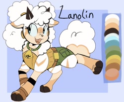 Size: 1306x1080 | Tagged: safe, artist:guiltypandas, lanolin the sheep, abstract background, all fours, animalified, border, character name, looking offscreen, mouth open, smile, solo