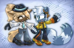 Size: 1670x1080 | Tagged: safe, artist:guiltypandas, tangle the lemur, whisper the wolf, abstract background, alternate outfit, clothes, duo, eyelashes, female, females only, hat, holding hands, lesbian, mouth open, musical notes, shipping, smile, standing, sweatdrop, tangle x whisper