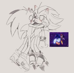 Size: 1165x1148 | Tagged: safe, artist:adiee_f, shadow the hedgehog, sonic the hedgehog, hedgehog, sonic prime, 2023, blushing, blushing ears, duo, gay, grey background, heart, holding them, hugging, male, males only, mid-air, reference inset, scene interpretation, shadow x sonic, shipping, simple background, sketch