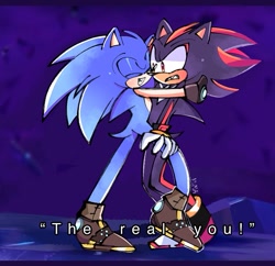 Size: 713x689 | Tagged: safe, artist:kumakumaoii, shadow the hedgehog, sonic the hedgehog, hedgehog, sonic prime, sonic prime s2, abstract background, clenched teeth, duo, english text, gay, hugging, male, males only, redraw, shadow x sonic, shipping, smile, standing, sweatdrop