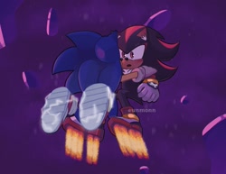 Size: 2011x1552 | Tagged: safe, artist:unmonn, shadow the hedgehog, sonic prime, abstract background, blushing, duo, ear fluff, electricity, gay, holding them, looking at each other, male, males only, mid-air, mouth open, scene interpretation, shadow x sonic, shadowbetes, shipping