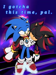 Size: 1526x2048 | Tagged: safe, artist:crystaldiamondc, shadow the hedgehog, sonic the hedgehog, sonic prime, abstract background, carrying them, dialogue, duo, english text, eyes closed, gay, looking at them, male, males only, shadow x sonic, shipping, smile, standing