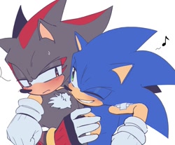 Size: 1369x1134 | Tagged: safe, artist:3511vo, shadow the hedgehog, sonic the hedgehog, bandaid, blushing, duo, embarrassed, flirting, frown, holding each other, lidded eyes, looking at each other, male, males only, musical notes, simple background, smile, sweatdrop, white background, wink