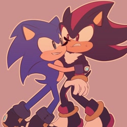 Size: 2048x2048 | Tagged: safe, artist:machimo129, shadow the hedgehog, sonic the hedgehog, 2023, brown background, clenched teeth, duo, frown, gay, hugging, male, males only, outline, shadow x sonic, shipping, simple background, smile, standing, sweatdrop