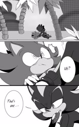 Size: 1031x1650 | Tagged: safe, artist:kuretto_, shadow the hedgehog, sonic the hedgehog, sonic prime, abstract background, blushing, comic, dialogue, duo, english text, gay, greyscale, lidded eyes, looking at each other, male, males only, monochrome, mouth hold, one fang, palm tree, pinning them, shadow x sonic, shipping, speech bubble, surprised