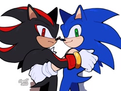 Size: 2000x1500 | Tagged: safe, artist:chaotixshiro, shadow the hedgehog, sonic the hedgehog, hedgehog, duo, frown, gay, holding each other, looking back at viewer, male, males only, shadow x sonic, shipping, simple background, smile, standing, white background