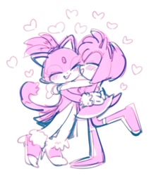 Size: 866x1024 | Tagged: safe, artist:pamd3, amy rose, blaze the cat, cat, hedgehog, 2022, amy x blaze, amy's halterneck dress, blaze's tailcoat, cute, eyes closed, female, females only, hearts, hugging, lesbian, mouth open, shipping