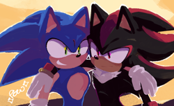 Size: 680x416 | Tagged: safe, artist:powpowchaos, shadow the hedgehog, sonic the hedgehog, hedgehog, 2023, abstract background, arms around another's shoulders, duo, frown, gay, lineless, looking offscreen, male, males only, shadow x sonic, shipping, smile, standing