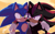 Size: 680x416 | Tagged: safe, artist:powpowchaos, shadow the hedgehog, sonic the hedgehog, hedgehog, 2023, abstract background, arms around another's shoulders, duo, frown, gay, lineless, looking offscreen, male, males only, shadow x sonic, shipping, smile, standing
