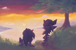 Size: 1890x1244 | Tagged: safe, artist:superemeralds, shadow the hedgehog, sonic the hedgehog, hedgehog, 2023, bush, duo, gay, grass, lineless, looking offscreen, male, males only, outdoors, shadow x sonic, shipping, sitting, standing, sunset, tree