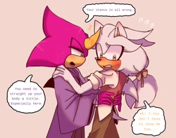 Size: 2048x1612 | Tagged: safe, artist:kaidaari, espio the chameleon, silver the hedgehog, beige background, blushing, blushing ears, dialogue, duo, english text, gay, holding each other, kimono, looking at them, male, males only, mouth open, shipping, silvio, simple background, speech bubble, standing