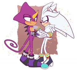 Size: 2048x1877 | Tagged: safe, artist:himitsu_png, espio the chameleon, silver the hedgehog, hedgehog, abstract background, blushing, chameleon, espibetes, eyes closed, gay, holding hands, lidded eyes, looking at them, shipping, silvabetes, silvio, smile, sparkles, star (symbol)