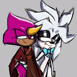 Size: 2048x2048 | Tagged: safe, artist:kittkattys, espio the chameleon, silver the hedgehog, hedgehog, bow, bowtie, chameleon, duo, eyeshadow, gay, gloves off, grey background, holding them, kimono, lidded eyes, looking at each other, male, males only, one fang, shipping, silvio, simple background, smile, standing, suit