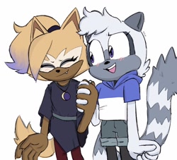 Size: 1024x930 | Tagged: safe, artist:lynaems, tangle the lemur, whisper the wolf, alternate outfit, blushing, cosplay, cropped hoodie, crossover, duo, gloves off, holding hands, lesbian, necklace, shipping, shorts, simple background, smile, tangle x whisper, the owl house, white background