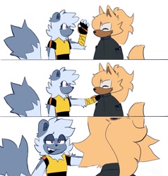 Size: 1213x1272 | Tagged: safe, artist:boiledpinecones, tangle the lemur, whisper the wolf, 2023, duo, female, females only, hand on another's shoulder, lesbian, looking at each other, panels, shipping, simple background, standing, tangle x whisper, white background