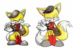 Size: 1024x669 | Tagged: safe, artist:p p got cy-berbullied, miles (anti-mobius), fox, looking offscreen, male, redraw, reference inset, simple background, solo, standing, white background