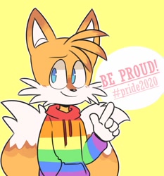 Size: 1400x1500 | Tagged: safe, artist:teirusuki, miles "tails" prower, fox, 2020, english text, hand in pocket, hoodie, looking offscreen, male, outline, pride, simple background, smile, solo, yellow background