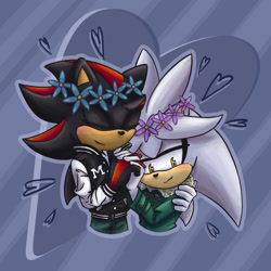 Size: 1668x1668 | Tagged: safe, artist:mushroommantis, shadow the hedgehog, silver the hedgehog, hedgehog, 2023, abstract background, clothes, duo, flower crown, gay, gloves off, heart, holding each other, holding hands, male, males only, shadow x silver, shipping, smile