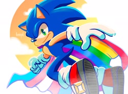 Size: 2048x1507 | Tagged: safe, artist:lunatyk, sonic the hedgehog, hedgehog, abstract background, cape, clouds, gay pride, looking at viewer, male, pride, smile, solo, trans pride