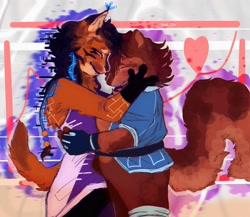 Size: 1872x1627 | Tagged: safe, artist:kook_sir_, nicole the hololynx, sally acorn, 2023, abstract background, duo, eyes closed, female, females only, heart, hugging, lesbian, nicole x sally, shipping, smile, standing