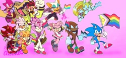 Size: 2047x952 | Tagged: safe, artist:utter_dismae, amy rose, blaze the cat, charmy bee, cream the rabbit, espio the chameleon, knuckles the echidna, miles "tails" prower, shadow the hedgehog, silver the hedgehog, sonic the hedgehog, vector the crocodile, 2023, abstract background, ace, aromantic, aromantic pride, asexual pride, bisexual, bisexual pride, female, flag, flying, frown, gay, gay pride, group, heart, holding something, lesbian, lesbian pride, male, mlm pride, nonbinary, nonbinary pride, pansexual, pansexual pride, pride, pride flag, progress pride, smile, spinning tails, team chaotix, team sonic, trans pride, transgender, walking, wall of tags