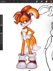 Size: 960x1280 | Tagged: safe, artist:patchbun, miles "tails" prower, rabbit, 2021, female, goggles, hands on hips, looking at viewer, smile, solo, species swap, standing, trans female, transgender