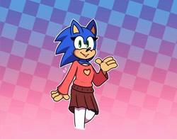 Size: 1024x803 | Tagged: safe, artist:bella the artist!, sonic the hedgehog, hedgehog, checkered background, eyelashes, female, gloves off, looking at viewer, outline, signature, skirt, smile, solo, standing, stockings, sweater, trans female, transgender