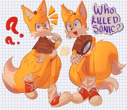 Size: 1080x931 | Tagged: safe, artist:jacocoon, miles "tails" prower, fox, the murder of sonic the hedgehog, abstract background, dialogue, english text, male, question mark, solo, standing