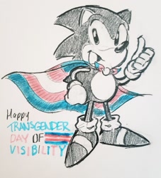 Size: 1772x1951 | Tagged: safe, artist:sodaft potato, sonic the hedgehog, hedgehog, 2023, cape, classic sonic, hand on hip, looking offscreen, male, mouth open, smile, solo, standing, thumbs up, traditional media, trans pride, trans visibility day