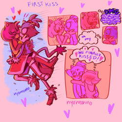 Size: 500x500 | Tagged: safe, artist:nyomonno, amy rose, blaze the cat, cat, hedgehog, 2019, amy x blaze, amy's halterneck dress, blaze's tailcoat, blushing, carrying them, comic, english text, female, females only, hearts, kiss, lesbian, looking at each other, shipping