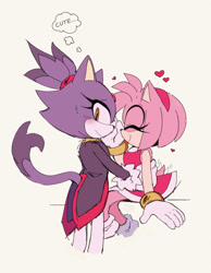 Size: 540x696 | Tagged: safe, artist:beeames, amy rose, blaze the cat, cat, hedgehog, 2022, amy x blaze, amy's halterneck dress, blaze's tailcoat, blushing, cute, english text, eyes closed, female, females only, hand on back, hand on cheek, hearts, lesbian, shipping, sweatdrop