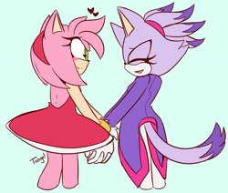Size: 1280x1086 | Tagged: safe, artist:beeames, amy rose, blaze the cat, cat, hedgehog, 2018, amy x blaze, amy's halterneck dress, blaze's tailcoat, eyes closed, female, females only, hearts, holding hands, lesbian, shipping