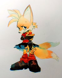 Size: 1623x2048 | Tagged: safe, artist:studioboner, miles "tails" prower, fox, angry, cross popping vein, dress, eyelashes, female, frown, looking at viewer, simple background, solo, spiked bracelet, standing, trans female, transgender