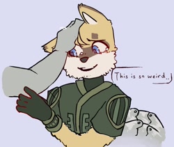 Size: 1570x1328 | Tagged: safe, artist:askshatterspacesonicandtails, miles "tails" prower, nine, fox, sonic prime, ambiguous gender, crying, dialogue, duo, english text, floppy ear, head pat, male, offscreen character, purple background, simple background, smile, solo focus, tears of happiness