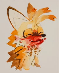 Size: 1643x2048 | Tagged: semi-grimdark, artist:studioboner, miles "tails" prower, fox, beige background, blood, blood around mouth, blood on face, blood splatter, bust, eyes closed, implied murder, male, simple background, smile, solo, standing, traditional media, watercolor
