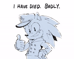 Size: 2048x1640 | Tagged: safe, artist:fernsnailz, sonic the hedgehog, hedgehog, the murder of sonic the hedgehog, clothes, dialogue, english text, hand on hip, looking at viewer, male, simple background, smile, solo, standing, talking to viewer, thumbs up