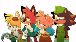 Size: 2048x1137 | Tagged: safe, artist:fernsnailz, amy rose, barry the quokka, miles "tails" prower, shadow the hedgehog, fox, hedgehog, the murder of sonic the hedgehog, confused, decapitated limb, ear fluff, eyebrow quirk, female, floppy ear, frown, group, holding something, looking at something, male, mouth open, quokka, simple background, standing, white background