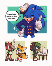 Size: 1638x2048 | Tagged: safe, artist:skyblitzhart, barry the quokka, shadow the hedgehog, sonic the hedgehog, hedgehog, the murder of sonic the hedgehog, abstract background, barrybetes, blushing, computer, cute, dialogue, english text, eyes closed, frown, group, lightbulb, male, pointing, quokka, sfx, shadowbetes, smile, sparkles, speech bubble, standing, tailabetes