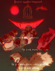 Size: 1593x2048 | Tagged: semi-grimdark, artist:askshatterspacesonicandtails, mangey, miles "tails" prower, fox, sonic prime, bleeding, blood, cage, english text, frizzed, gradient background, headcanon, implied robotnik, male, mouth open, pawpads, paws, robotnik's logo, sharp teeth, smile, solo