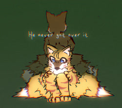 Size: 1608x1431 | Tagged: safe, artist:askshatterspacesonicandtails, mangey, miles "tails" prower, fox, sonic prime, back to back, chipped ear, crying, duality, english text, green background, male, paws, sad, simple background, sitting, solo