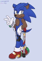 Size: 2048x2935 | Tagged: safe, artist:sonicaspeed123, artist:zephr, sonic the hedgehog, hedgehog, blue background, disabled, eyelashes, grey eyes, kneepads, lidded eyes, looking at viewer, male, signature, simple background, soap shoes, solo, v sign, walking