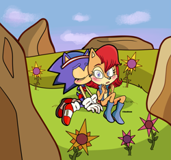 Size: 2047x1923 | Tagged: safe, artist:geckosnacks, sally acorn, sonic the hedgehog, chipmunk, hedgehog, abstract background, blushing, clothes, daytime, duo, female, females only, gender swap, grass, half r63 shipping, headband, kiss on cheek, lesbian, outdoors, shipping, sitting, sonally, sunflower