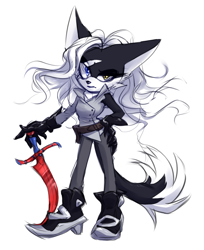 Size: 855x1049 | Tagged: safe, artist:darkcrowl, infinite the jackal, jackal, sonic forces, belt, clothes, female, frown, gender swap, gloves, hand on hip, heels, heterochromia, holding something, looking at viewer, pants, shirt, simple background, solo, sword, white background