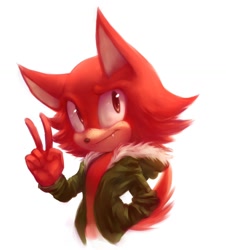 Size: 1150x1272 | Tagged: safe, artist:darkcrowl, gadget the wolf, wolf, coat, fangs, freckles, gloves off, hand in pocket, lineless, looking offscreen, male, missing accessory, simple background, smile, solo, standing, v sign, white background