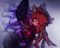 Size: 720x577 | Tagged: safe, artist:darkcrowl, gadget the wolf, infinite the jackal, jackal, wolf, sonic forces, crying, duo, gay, holding them, lidded eyes, looking at each other, male, males only, phantom ruby, rookinite, shipping, standing