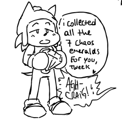 Size: 1032x1032 | Tagged: safe, artist:beicon, miles "tails" prower, sonic the hedgehog, hedgehog, chaos emerald, craig tucker, creek (south park), crossover, dialogue, english text, gay, hat, holding something, male, messy hair, mouth open, offscreen character, shipping, simple background, solo, sonic x tails, south park, speech bubble, standing, talking to offscreen character, tweek tweak, white background