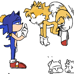 Size: 1280x1280 | Tagged: safe, artist:beicon, miles "tails" prower, sonic the hedgehog, fox, hedgehog, craig tucker, creek (south park), crossover, duo, flying, gay, hat, looking at each other, messy hair, middle finger, mouth open, shipping, shocked, simple background, sonic x tails, south park, tweek tweak, white background