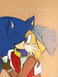 Size: 768x1024 | Tagged: safe, artist:blossomthefox, miles "tails" prower, sonic the hedgehog, fox, hedgehog, aged up, beanie, blushing, blushing ears, brown gloves, clothes, coat, coffee, duo, english text, eyes closed, floppy ears, gay, holding something, holding them, jacket, kiss, male, males only, older, shipping, shirt, sketch, sonic x tails, standing, surprised