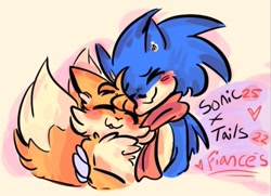 Size: 613x445 | Tagged: safe, artist:sonic-au-shippingmania, miles "tails" prower, sonic the hedgehog, fox, hedgehog, :3, abstract background, alternate universe, blushing, cute, duo, english text, eyes closed, gay, heart, hugging, male, males only, older, scarf, shipping, sonabetes, sonic x tails, standing, tailabetes